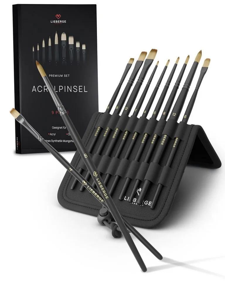 LIEBERGE Malpinsel Premium Set Acryl – 9 Acrylpinsel, inkl. Präsenter, (Set, 9 St., Pinselpräsenter, Flachpinsel, Rundpinsel, Katzenzungenpinsel), Synthetikhaar, vegan, langlabig, hohe Farbaufnahme, Anfänger, Profis, Schwarz, – Produktbild 1 von 5