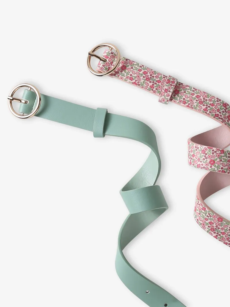 Vertbaudet 2er-Pack Mädchen Gürtel mit runder Metallschnalle, Pack grün+rosa geblümt, – Produktbild 2 von 3