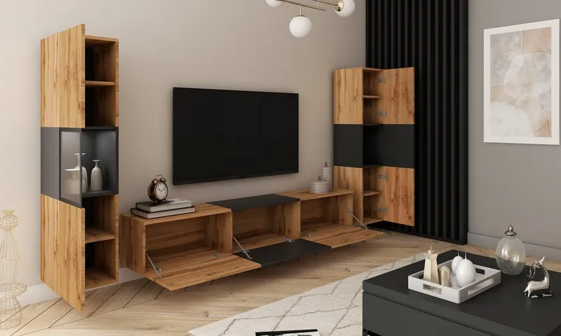 Home affaire Wohnwand BERLIN III, Vitrine Türschlag links/rechts wechselbar, (Komplett-Set, 3-St), moderne grifflose Mediawand Breite 260 cm, Vitrine mit Verglasung, Beige|schwarz, – Produktbild 4 von 5