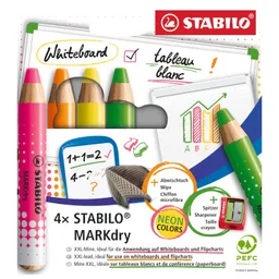 Stabilo STABILO 4er-Pack Whiteboardmarker "MARKdry" mit Spitzer und Tuch, neon – Produktbild 1 von 1