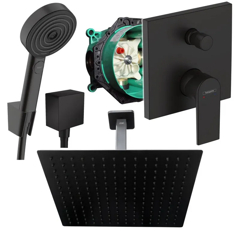 Hansgrohe und Jowi Duscharmatur Duscharmatur Vernis Schwarz Unterputz Kopfbrause mit Deckenanschluss (Unterputz-Duschsystem, Set) Mattschwarz, Schwarz, – Produktbild 2 von 2