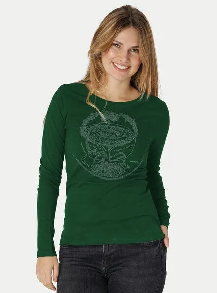 Peaces.bio - handbedruckte Biomode Peaces.bio - handbedruckte Biomode Bio-Damen-Langarmshirt "Weltenesche", Flaschengrün, – Produktbild 2 von 3