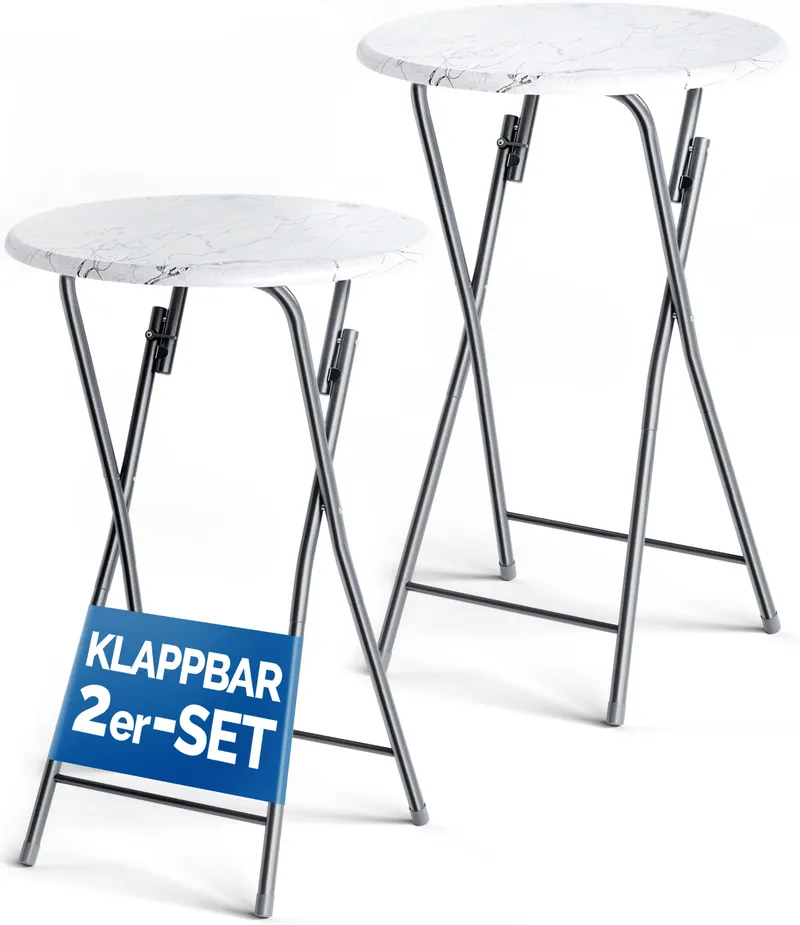 Casaria® Stehtisch 2er-Set klappbar Ø60cm Marmoroptik Weiß 110cm Höhe – Produktbild 1 von 2