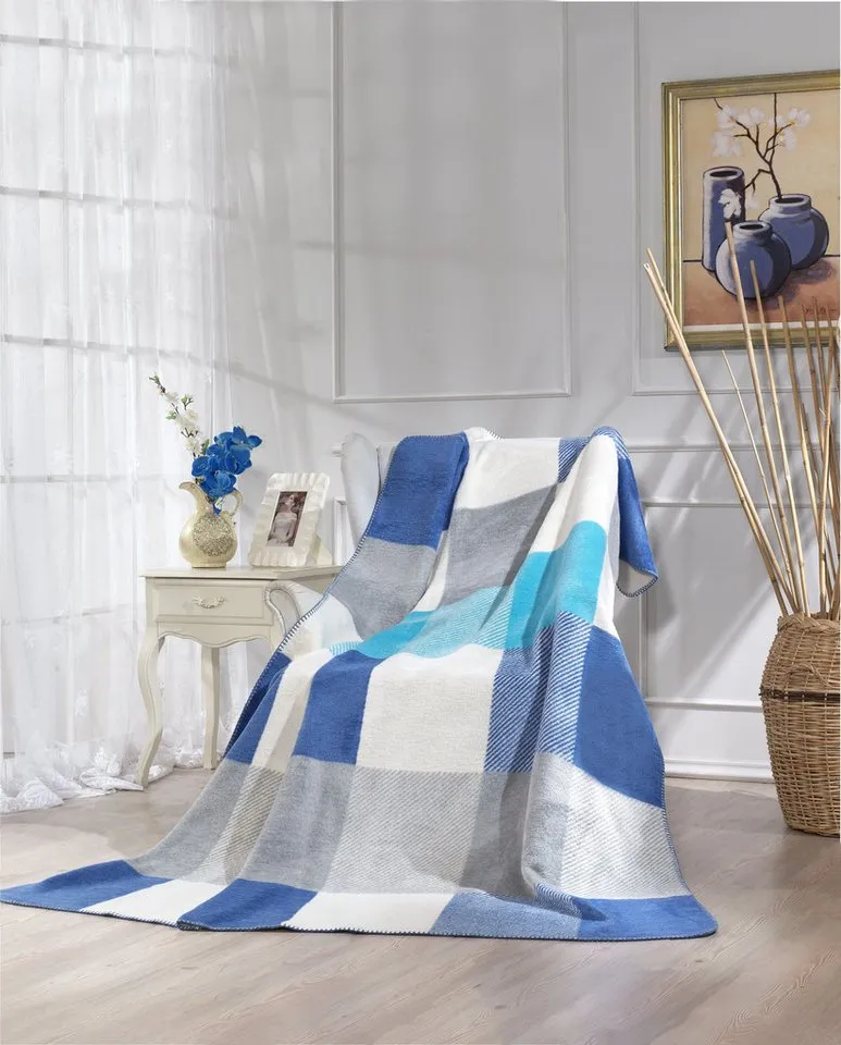 Wohndecke Wohndecke - 4 Jahreszeiten -160x200 cm / Sofadecke / Schlafdecke, livessa, Soft-Touch-Gefühl / 50% Baumwolle, 45% Acryl, 5% Polyester / 1650g, Blau, – Produktbild 2 von 5
