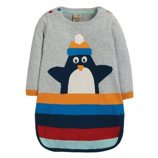 Frugi Frugi Kleid Pinguin gestrickt in grau-bunt – Produktbild 1 von 3