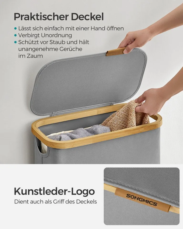SONGMICS SONGMICS Wäschekorb mit Deckel, herausnehmbarer Einsatz, Bambus‑Rahmen, Oxford‑Gewebe, 65 L, 42 x 22,5 x 70,5 cm, mit Deckel, platzsparend, Griffe aus Bambus, Grau, – Produktbild 4 von 5