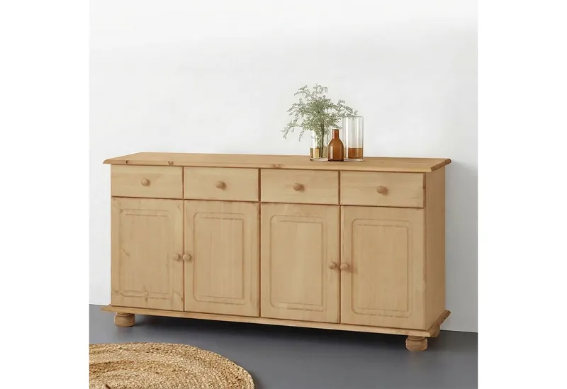 OTTO home Sideboard Mette Kommode mit 4 Türen & 2 Schubladen, die optisch geteilt sind, aus massiver Kiefer, dekorative Fräsung, 2 verstellbare Einlegeböden, Beige, – Produktbild 1 von 5