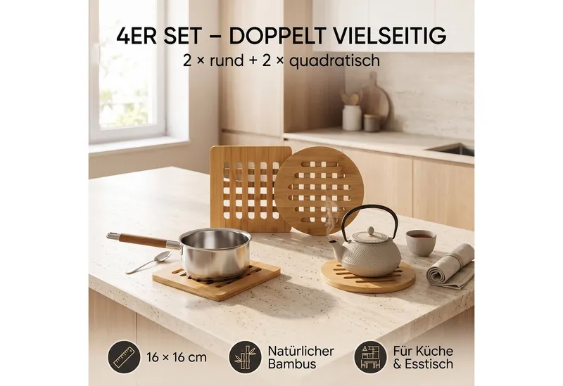 hausleben Topfuntersetzer Bambus-Untersetzer 4er Set 16x16 cm, eckig & rund, Zubehör für Töpfe, Pfannen, Teekannen, Auflaufformen, Set, 4-tlg., 16L x 16B x 1D cm, Beige, – Produktbild 5 von 5