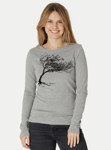 Peaces.bio - handbedruckte Biomode Peaces.bio - handbedruckte Biomode Bio-Damen-Langarmshirt Windy Tree, Hellgrau, – Produktbild 3 von 3