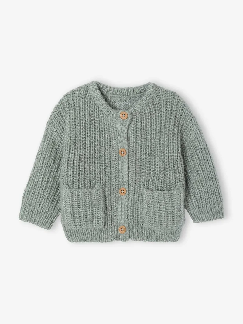 Vertbaudet Baby Strickjacke mit aufgesetzten Taschen, Salbeigrün, – Produktbild 3 von 4