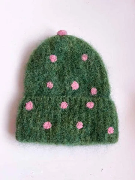 PANAPUFA PANAPUFA Gepunktete Mütze aus Mohair und Alpaka, Grün mit rosa, – Produktbild 3 von 4