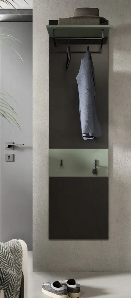 Inn.Furn Garderobenpaneel Cooper (Wandgarderobe in Basalt Grau mit Salbei Grün, 45 x 165 cm), mit Ablage, Kleiderstange und 4 Kleiderhaken, Grau, – Produktbild 5 von 5