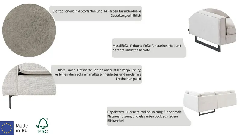 OTTO home 2-Sitzer Pinto, 166 cm, Cord, Chenille, Lederoptik, mit Keder, schwarze Metallfüße, Wellenunterfederung, Grau, – Produktbild 4 von 5