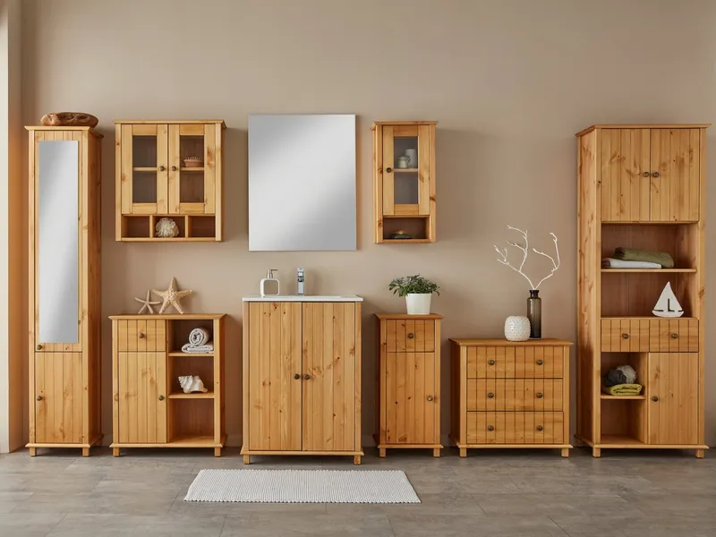 Home affaire Badkommode Vili, Badezimmerschrank, Unterschrank, 4 Schubladen, aus Massivholz, Beige, – Produktbild 1 von 5