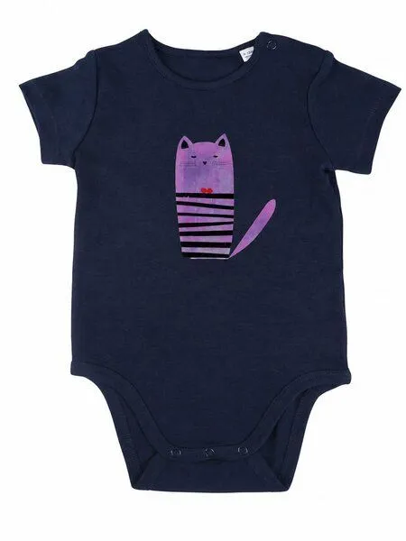 MelaDi Meladi Kinder Baby-Body aus Biobaumwolle - Katze auf Navy Blue, Blau, – Produktbild 1 von 3