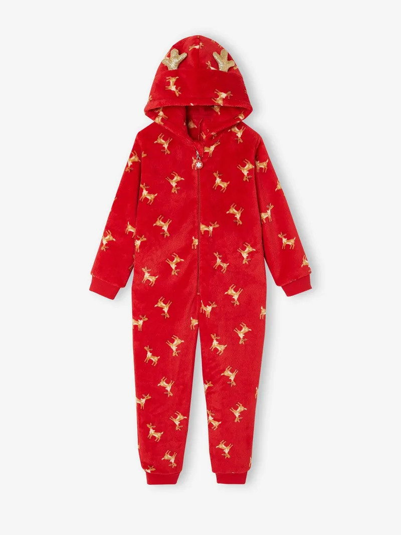 Vertbaudet Kinder Plüschoverall RENTIER mit enem Geweih, Rot, – Produktbild 4 von 4