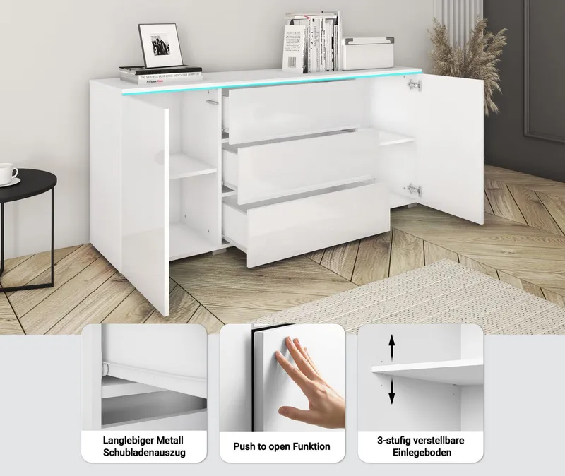 Home affaire Sideboard VERA, grifflos, verstellbare Einlegeböden, Wahlweise mit oder ohne Beleuchtung, Braun|schwarz, – Produktbild 1 von 5