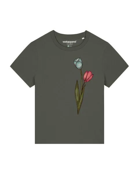watapparel watapparel T-Shirt Frauen Blume in Wasserfarbe 05, Khaki, – Produktbild 1 von 3