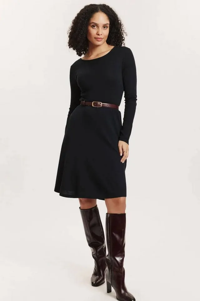 Tranquillo Tranquillo Jerseykleid Damen Moonii Wolle-Baumwoll-Jersey tailliert schwingender Rock Taschen (Einzelteil) Langarmkleid weich, warm & atmungsaktiv, feminine Taillierung, Schwarz, – Produktbild 2 von 5