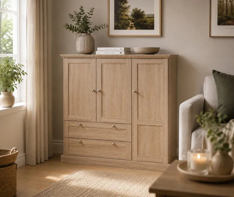 OTTO home Kleiderschrank Binz, Wäscheschrank, Mehrzweckschrank, skandinavischer Landhausstil (B/H/T ca. 122/130/35 cm) viele Stauraummöglichkeiten, Metallgriffe, Türen mit Rahmen/ Kassetten, Beige, – Produktbild 1 von 5