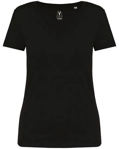 YTWOO YTWOO Damen Tshirt mit V-Ausschnitt aus 100% Bio-Baumwolle, Schwarz, – Produktbild 1 von 3