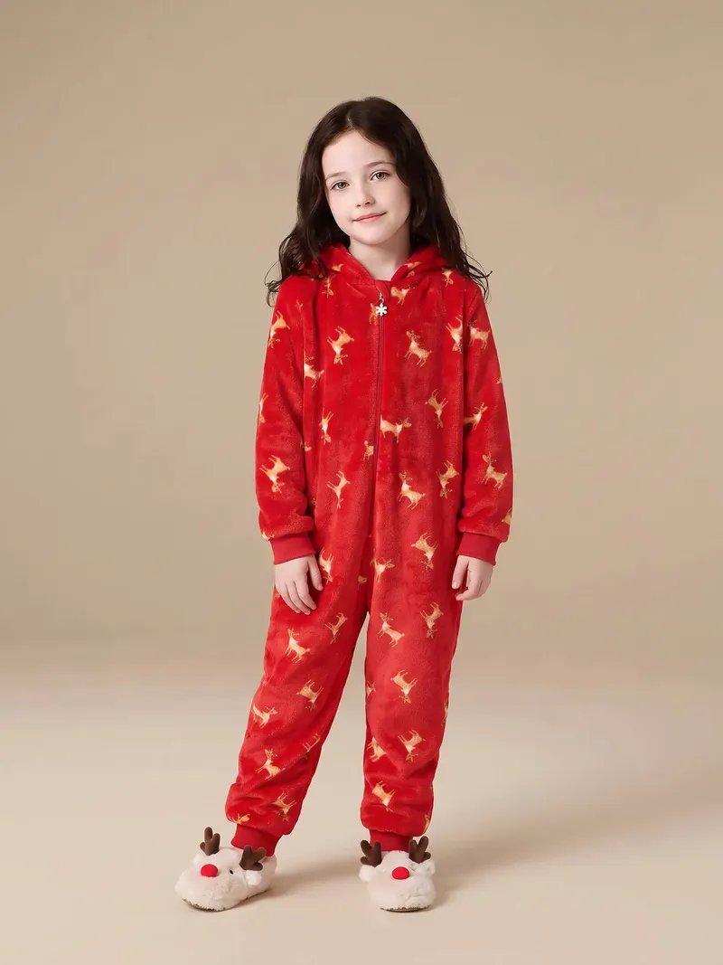 Vertbaudet Kinder Plüschoverall RENTIER mit enem Geweih, Rot, – Produktbild 1 von 4