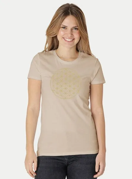 Peaces.bio - handbedruckte Biomode Peaces.bio - handbedruckte Biomode Bio-Damen-T-Shirt Die Blume des Lebens, Sand, – Produktbild 2 von 3
