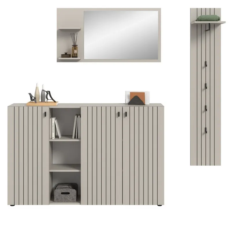 Inn.Furn Garderoben-Set Loreno, (Flurgarderobe in Kaschmir / Sand mit Schwarz, Set 3-teilig, 195 x 192 cm), mit großer Schuhkommode, Beige, – Produktbild 4 von 5