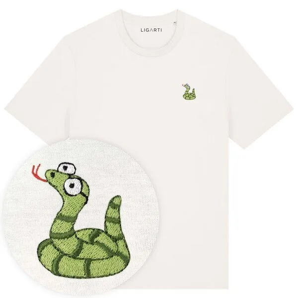 LIGARTI Besticktes T-Shirt – Schorsch die Schlange – LIGARTI Tiermanufaktur, Cremeweiss, – Produktbild 1 von 4