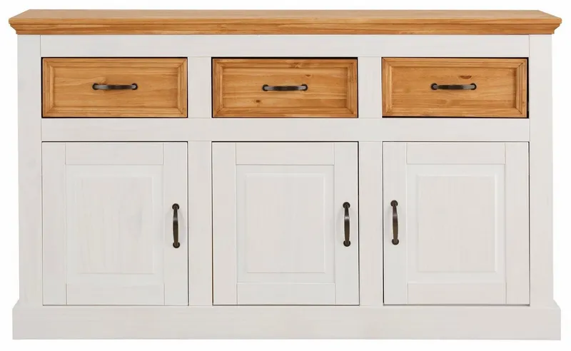 OTTO home Sideboard Selma Kommode mit 3 Türen, 3 Schubläden und 6 Fächer, Metallgriffe, aus massivem Kiefernholz, 3 Einlegeböden, mit dekorativer Fräsung, Weiß, – Produktbild 4 von 5