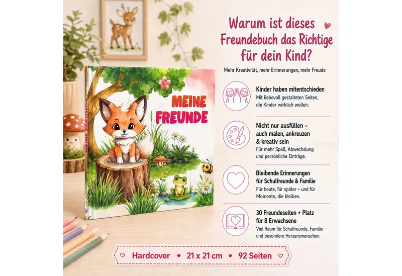 TOBJA Poesiealbum Freundebuch Grundschule Waldtiere 21x21 cm - 30 Freunde, 8 Erwachsene, Waldtier-Motiv, 92 Seiten, 30 Doppelseiten, FSC®-Papier – Produktbild 2 von 5