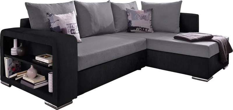 COLLECTION AB Ecksofa John L-Form, B: 226 cm, Schlaffunktion & Bettkasten, Regalelement & 2 Zierkissen, Couch optional mit Federkern, Grau|schwarz, – Produktbild 3 von 5