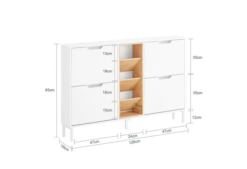 SoBuy Schuhschrank FSR183, Schuhschrank schmal, Flurschrank mit zusätzlichen Fächern Schuhschrank Schuhkipper mit 4 Klappen Schuhregal Schuhkommode, Weiß, – Produktbild 3 von 5
