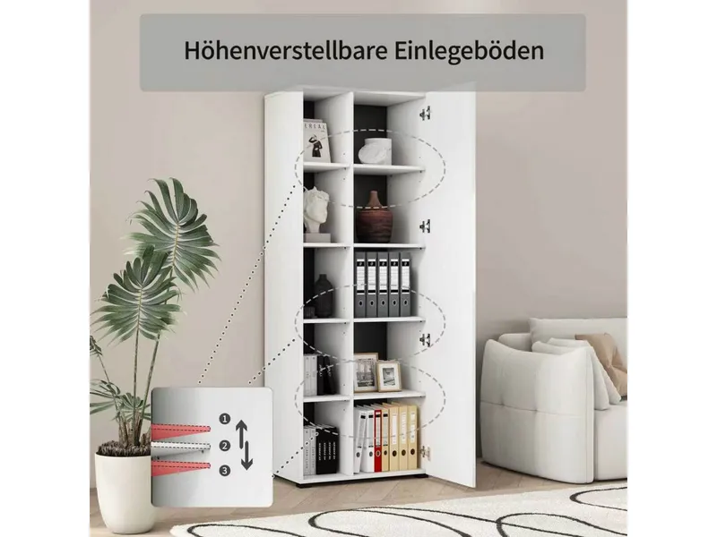 OTTO home Aktenschrank Moid, moderner Mehrzweckschrank, Maße: 64,5x41,5x175 cm, 5 Fächer mit viel Stauraum, Weiß, – Produktbild 5 von 8