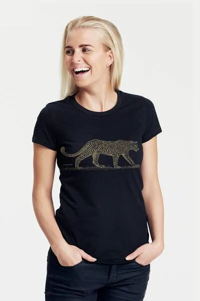 Peaces.bio - handbedruckte Biomode Peaces.bio - handbedruckte Biomode Bio-Damen-T-Shirt "Leopard", Schwarz, – Produktbild 1 von 2