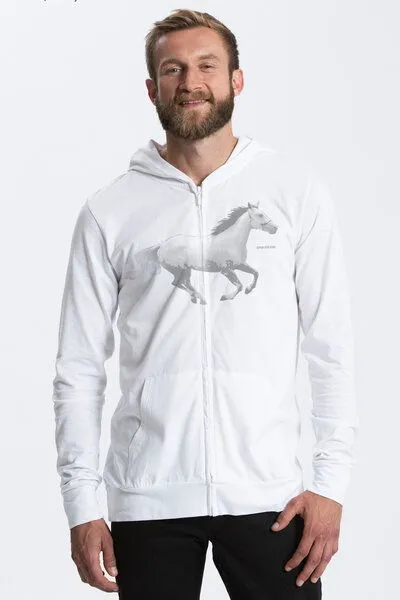 Peaces.bio - handbedruckte Biomode Peaces.bio - handbedruckte Biomode Herren Bio-Jersey-Zip-Hoodie Horsepower, Weiss, – Produktbild 1 von 1