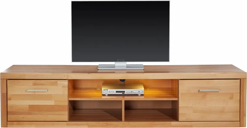 OTTO home Lowboard Logo,200cm breit,42 cm tief, Fronten Massivholz, Kabeldurchführung, Korpus Holzwerkstoff,2 Klappen, 5 Fächer, Metallgriffe, Braun, – Produktbild 3 von 5