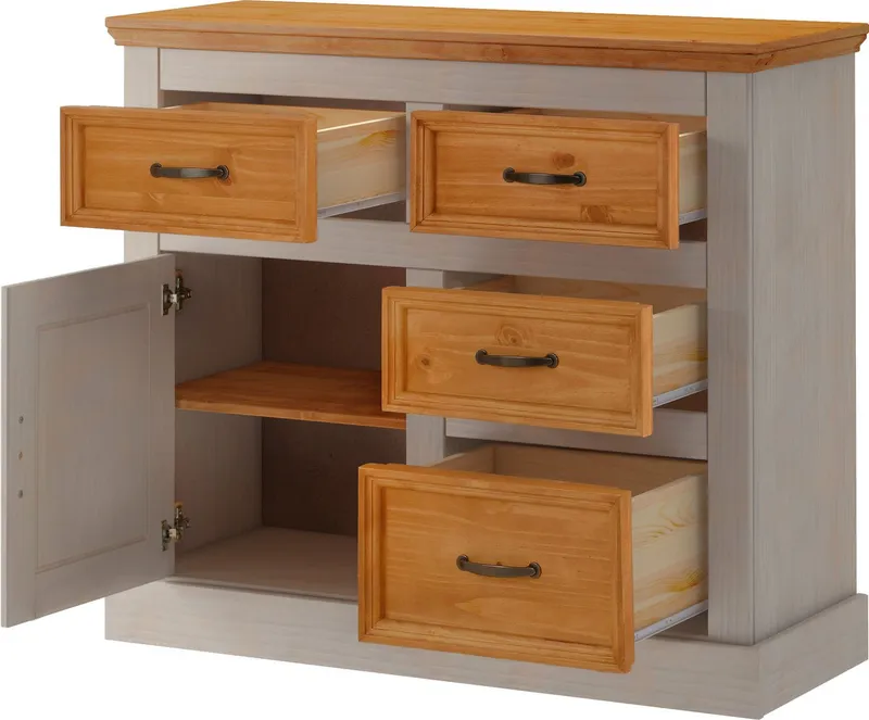 OTTO home Sideboard Selma Kommode mit 1 Tür, 3 Schubläden und 2 Fächer, Metallgriffe, aus massivem Kiefernholz, natürlichen Maserung, Breite/Höhe 100/87 cm, Grau, – Produktbild 5 von 5