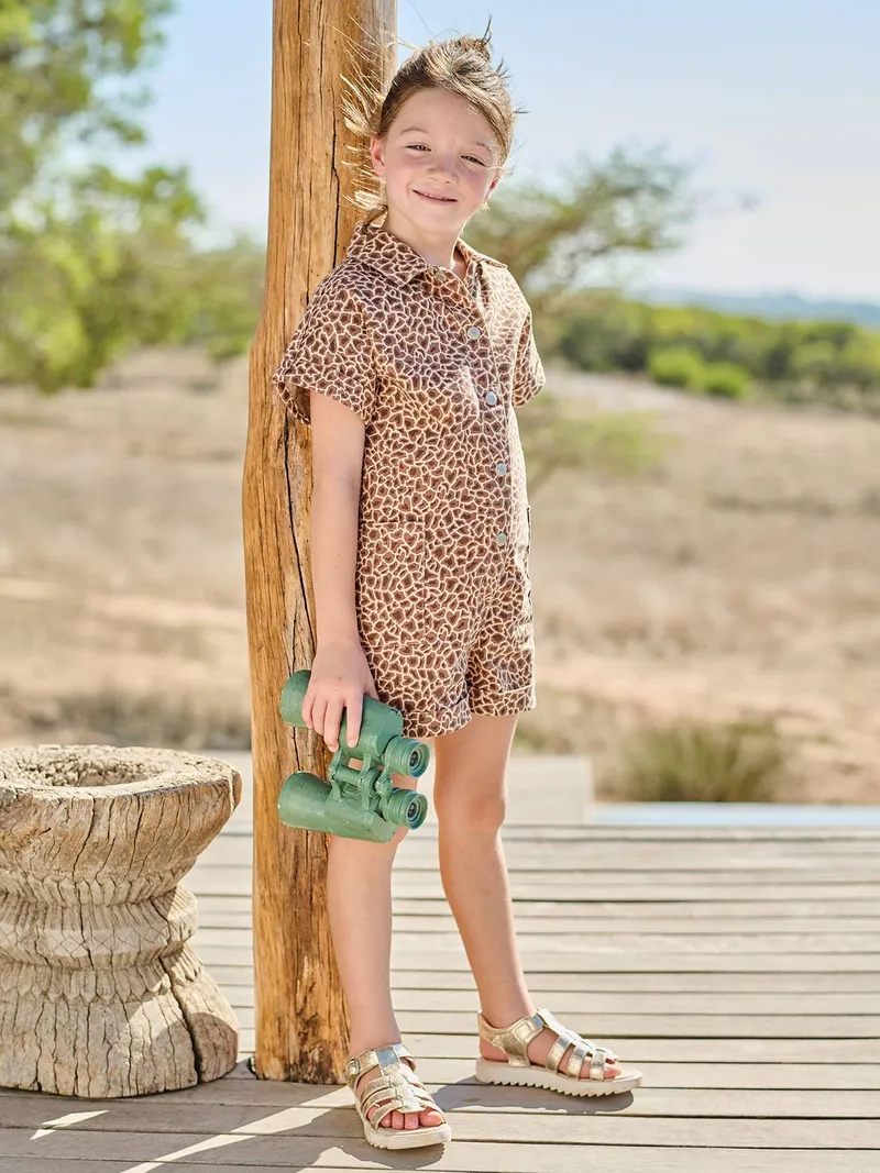 Vertbaudet Jumpsuit mit Hemdkragen und Giraffenmuster, Beige, – Produktbild 2 von 3