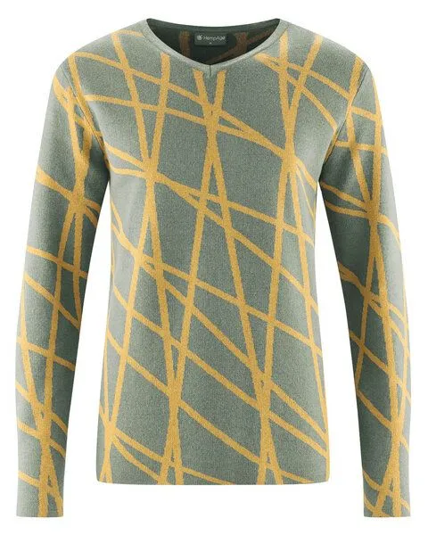 HempAge HempAge V-Kragen Pullover mit Muster Hanf/Biobaumwolle, Thyme-dijon (grün), – Produktbild 1 von 3