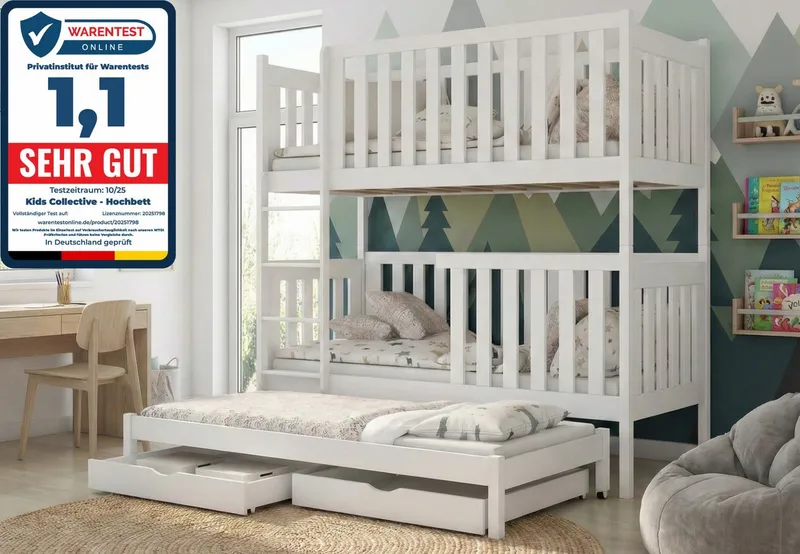 Kids Collective Etagenbett Kinderbett Hochbett 80x180, 90x200 cm mit Ausziehbett Lattenrost, Ausziehfunktion 2 Schubladen extra hoher Rausfallschutz 90x200 cm – Produktbild 2 von 5
