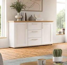 Inn.Furn Sideboard Mirano (Kommode in weiß Lärche Landhaus und Eiche Artisan, 129 x 80 cm), 2-türig mit 3 Schubladen – Produktbild 1 von 1