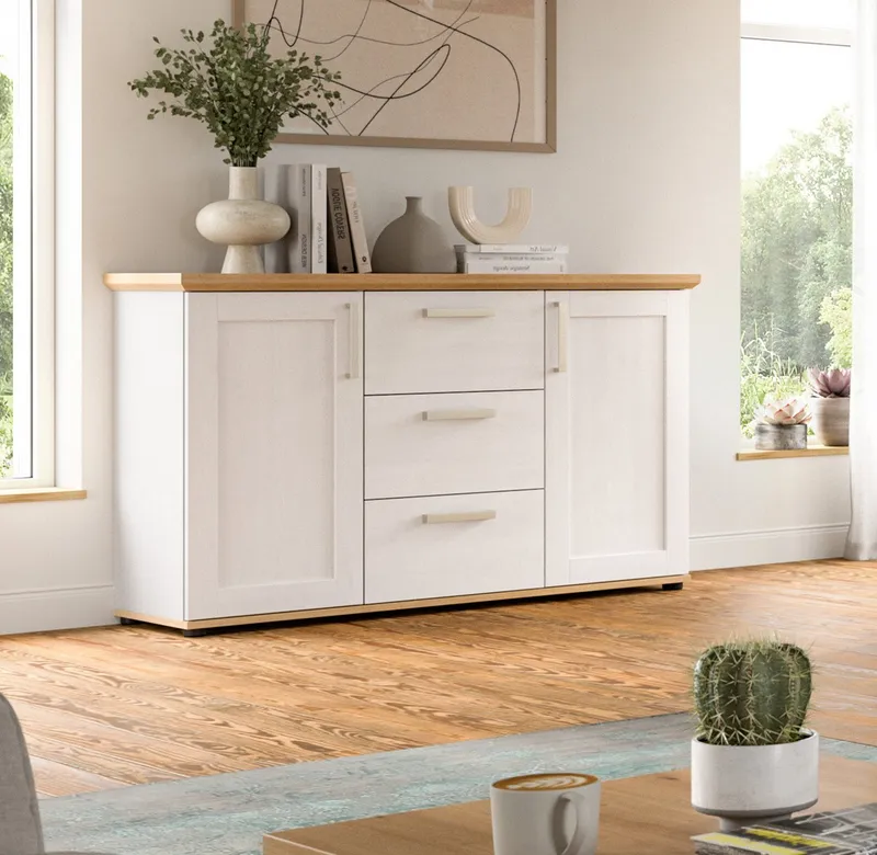 Inn.Furn Sideboard Mirano (Kommode in weiß Lärche Landhaus und Eiche Artisan, 129 x 80 cm), 2-türig mit 3 Schubladen, Weiß, – Produktbild 1 von 5