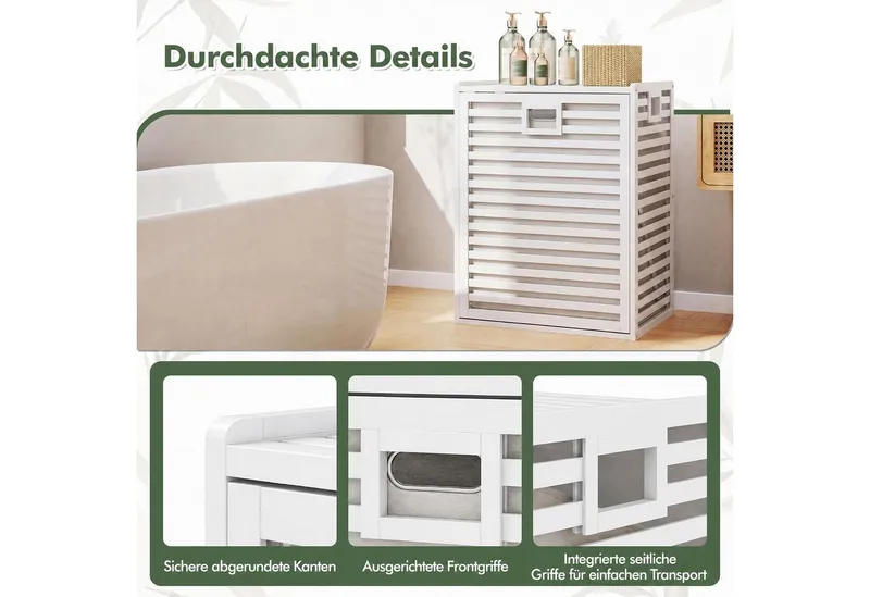 COSTWAY COSTWAY Wäscheschrank Wäschekorb 68 L mit kippbarem Fach & abnehmbarem Wäschesammler aus Bambus, 50 x 35 x 64 cm, Weiß, – Produktbild 2 von 5