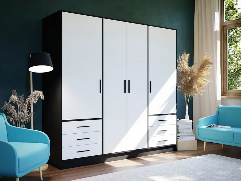 FORTE Kleiderschrank Jupiter, Made in Europe, mit 6 Schubladen, Stauraum (Maße B/H/T ca. 207/200 cm/60) Stauraum, 2 Breiten, 4 Farben, Schubladen, variable Einlegeböden, Schwarz|weiß, – Produktbild 4 von 5