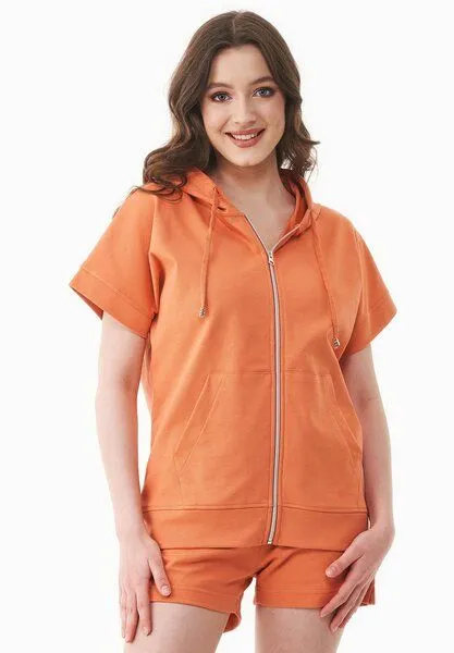 ORGANICATION ORGANICATION Leichte Full-Zip Kurzarm-Hoodie aus Bio-Baumwolle, Dusty orange, – Produktbild 1 von 4