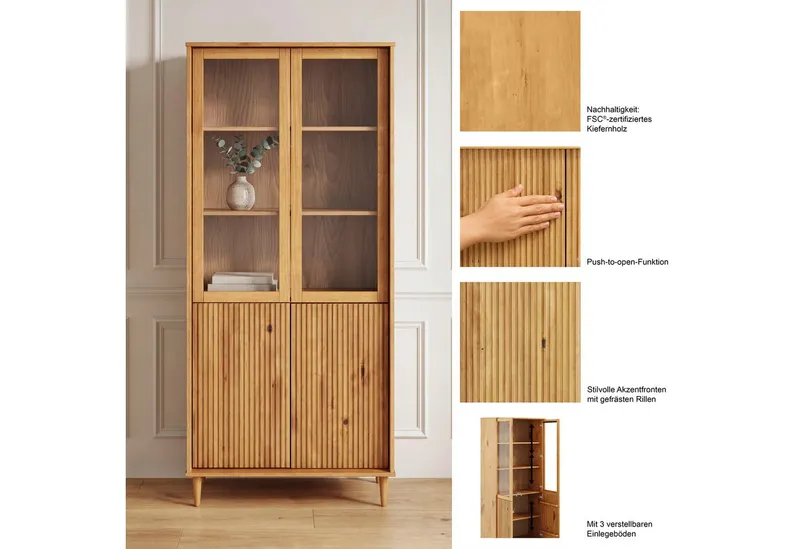 OTTO home Vitrine Malmedy Front mit gefrästen Rillen aus massivem Kiefernholz, Push-to-open, FSC, Breite 80 cm, Höhe 180 cm, Braun, – Produktbild 2 von 4