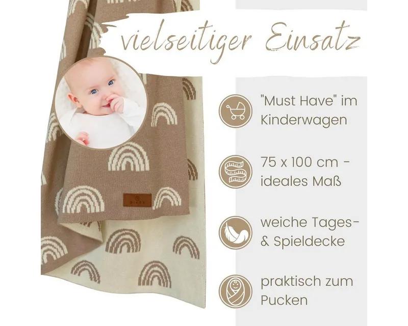 Babydecke DIKOS® aus Bio-Baumwolle - Regenbögen - Baby Decke für Neugeborene, DIKOS, Geschenk zur Geburt - Strickdecke PREMIUM Qualität - atmungsaktiv, Beige, – Produktbild 5 von 5