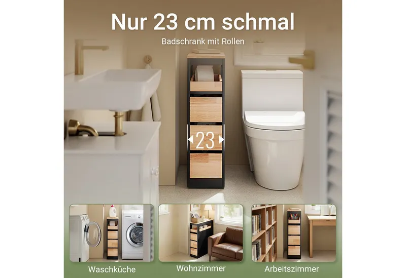 SoBuy Beistellwagen BZR54, Badezimmerschrank mit Rollen, Badschrank schmal, Kommode, Küchenwagen schmal Nischenwagen Badezimmerregal mit Rädern, ausziehbar, Schwarz, – Produktbild 5 von 5