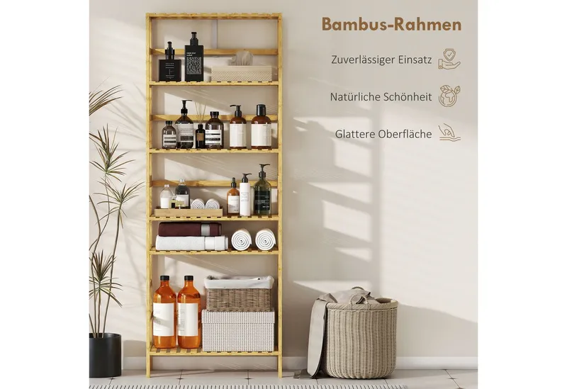HOMCOM HOMCOM Standregal Badregal Bambus Küchenregal, für Bad, Wohnzimmer, 60 x 26 x 161 cm, 6-stöckiges Bücherregal 1-tlg., höhenverstellbare Regalböden, Beige, – Produktbild 5 von 5